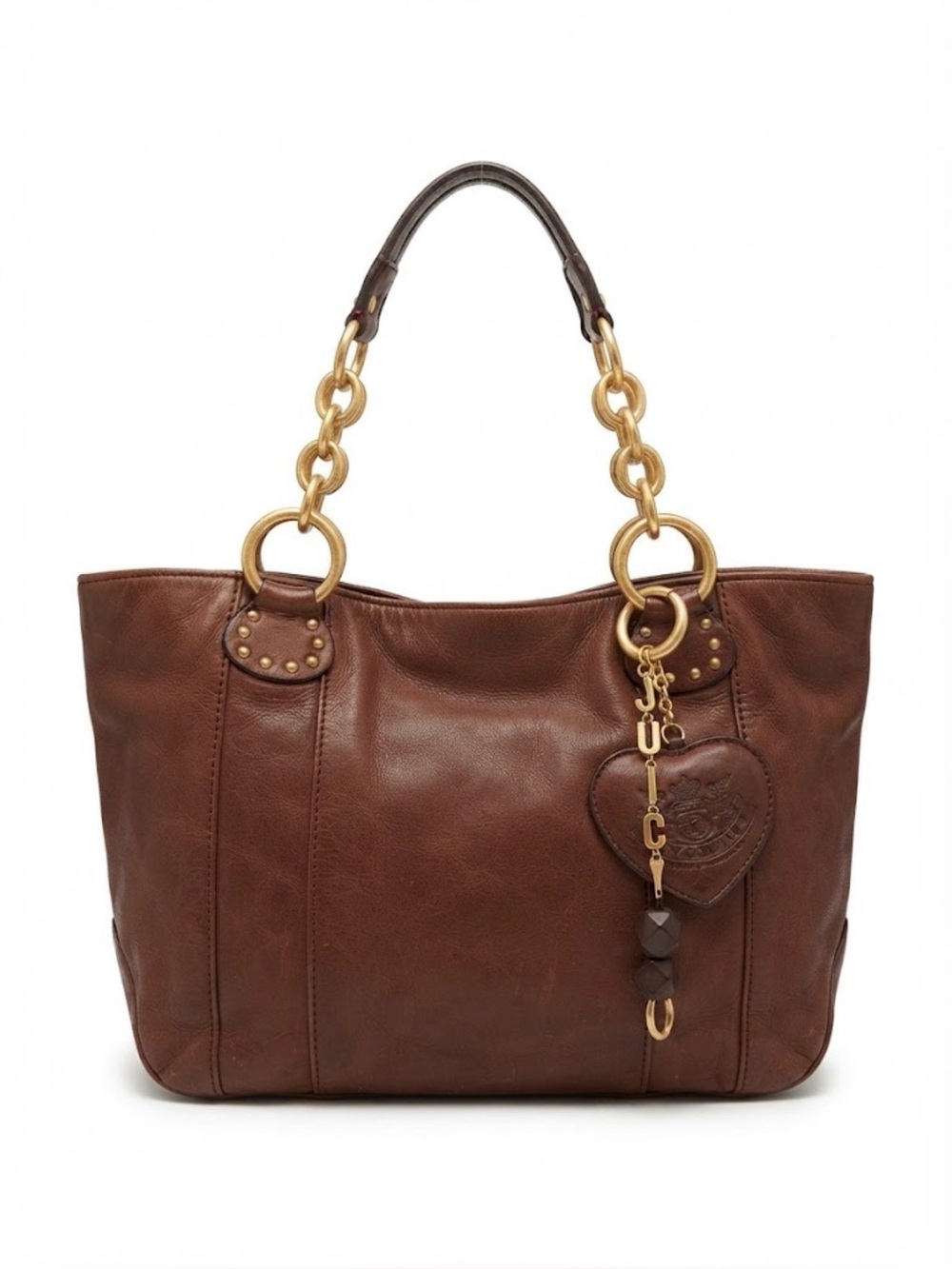 Juicy Couture Vintage Brown Leather Tote Handbag Gold Hardware Charm
